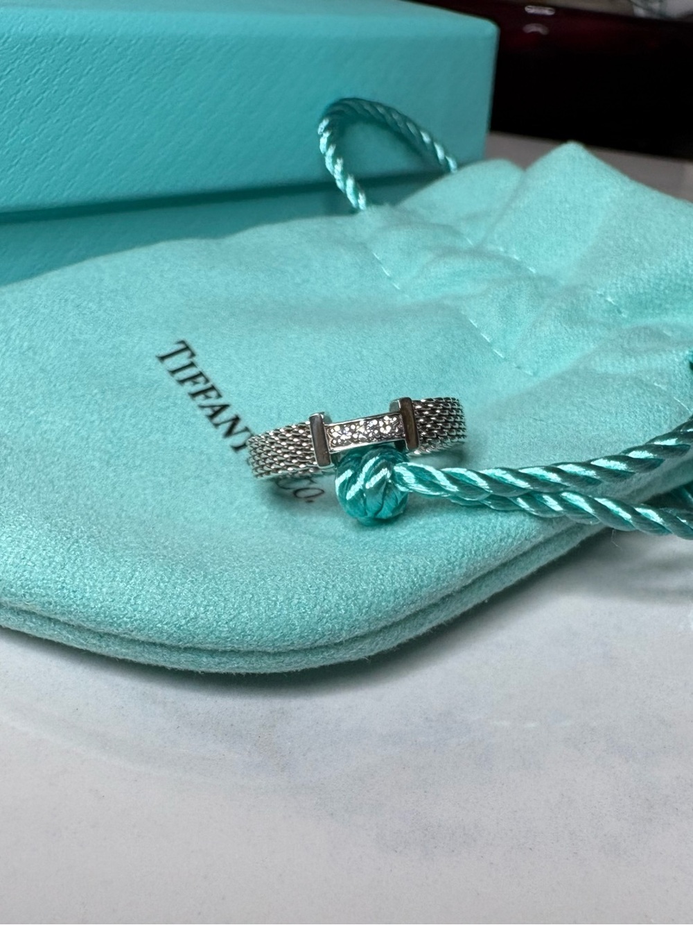 NEW Tiffany & Co. Sterling Silver Narrow Somerset Mesh Diamond Ring Size 5